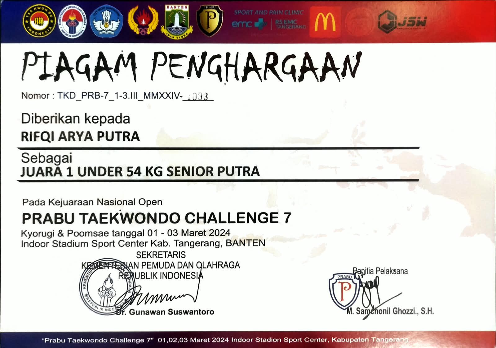 Gold Medalist - Men's Senior Kyorugi (U-54kg)